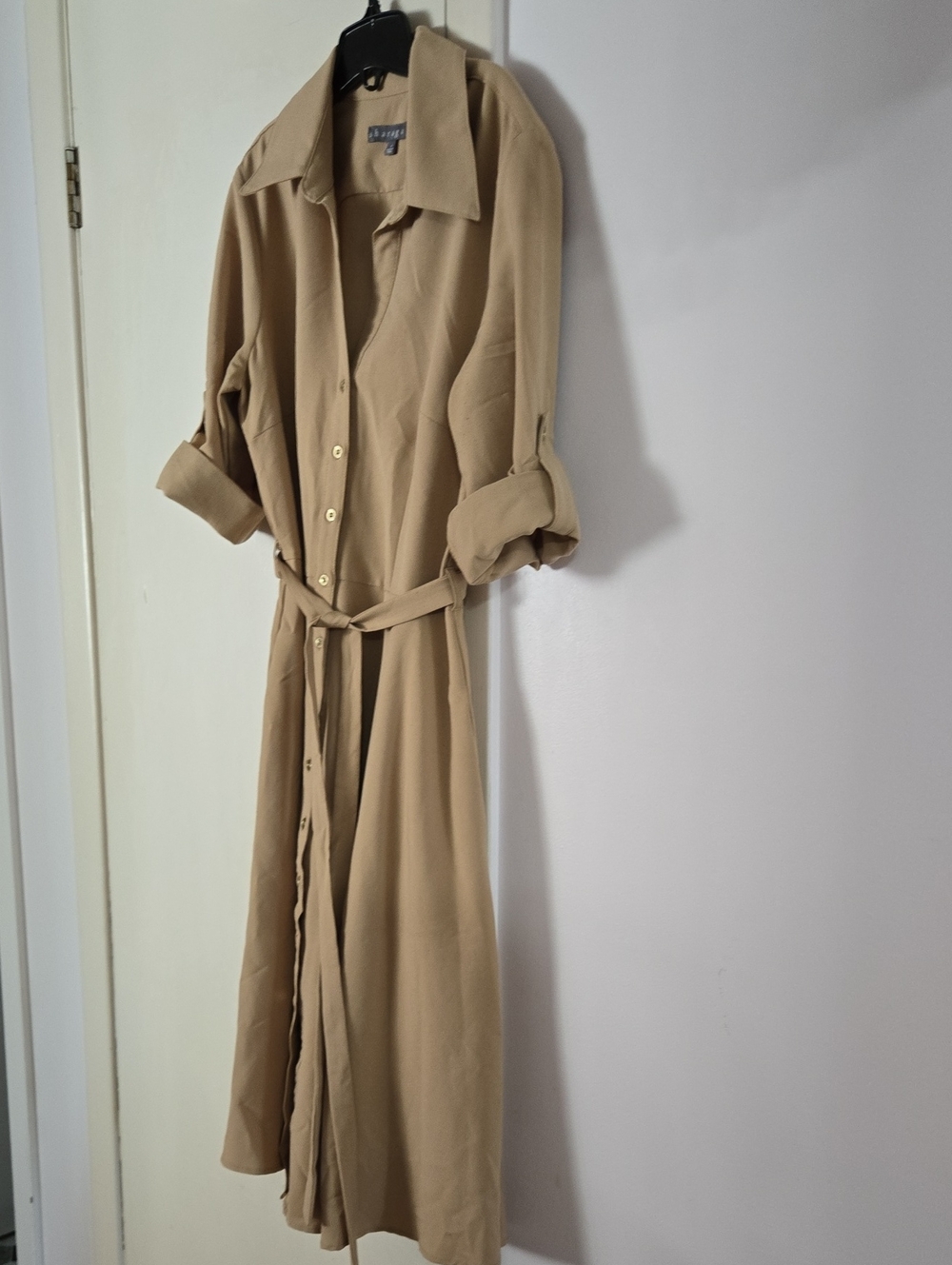 Sharagano Beige Maxi Shirt Dress with Self-Tie Belt